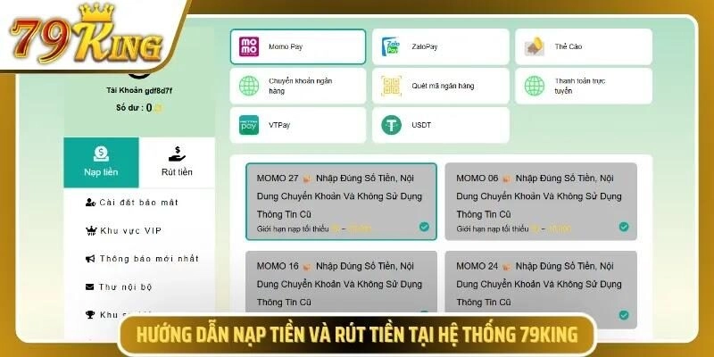Các phương thức nạp tiền được hỗ trợ tại 79KING